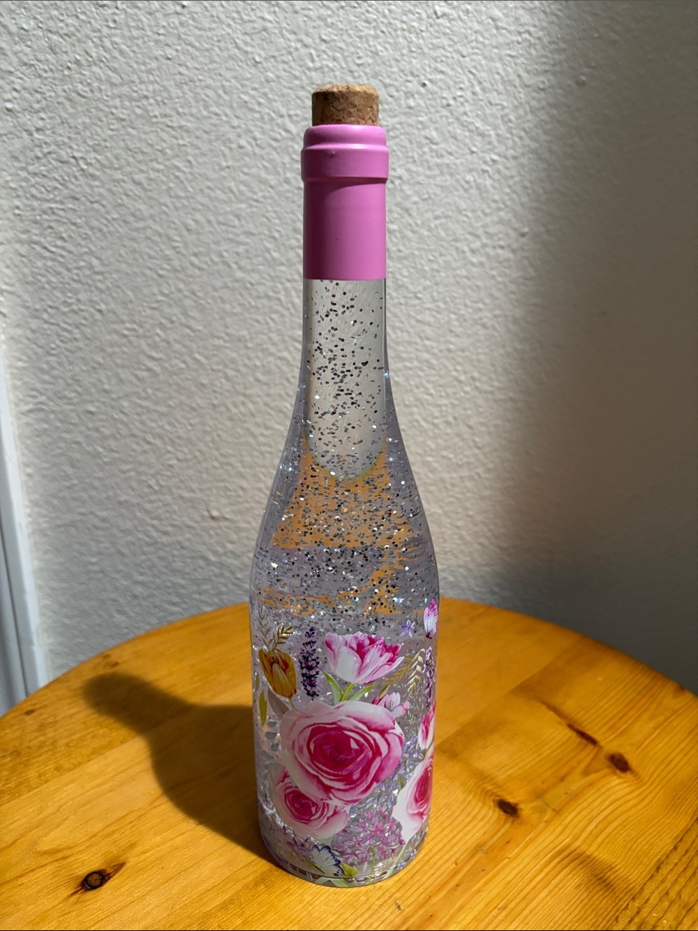 Decorative Pink Plastic Floral Bottle with Glitter